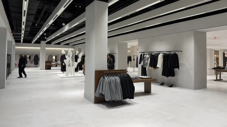 Modern apparel retail store interior featuring bulk custom plastic hangers