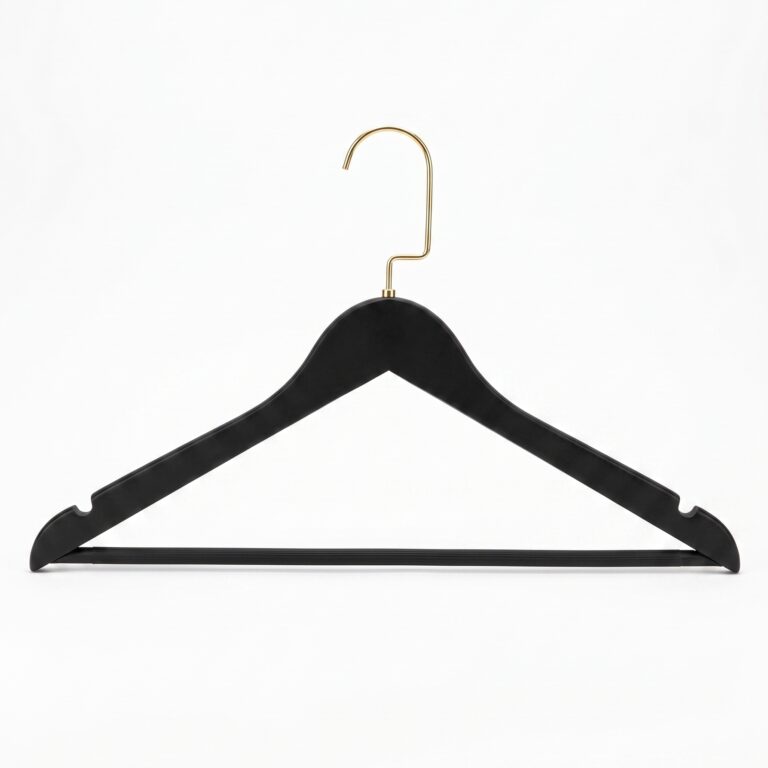 A front view of the S66 black rubber coated hanger shows its trouser bar, shoulder notches and gold hook.