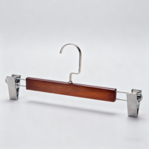 W703S natural wood color clip hanger with silver clips and silver hook for pants and skirts