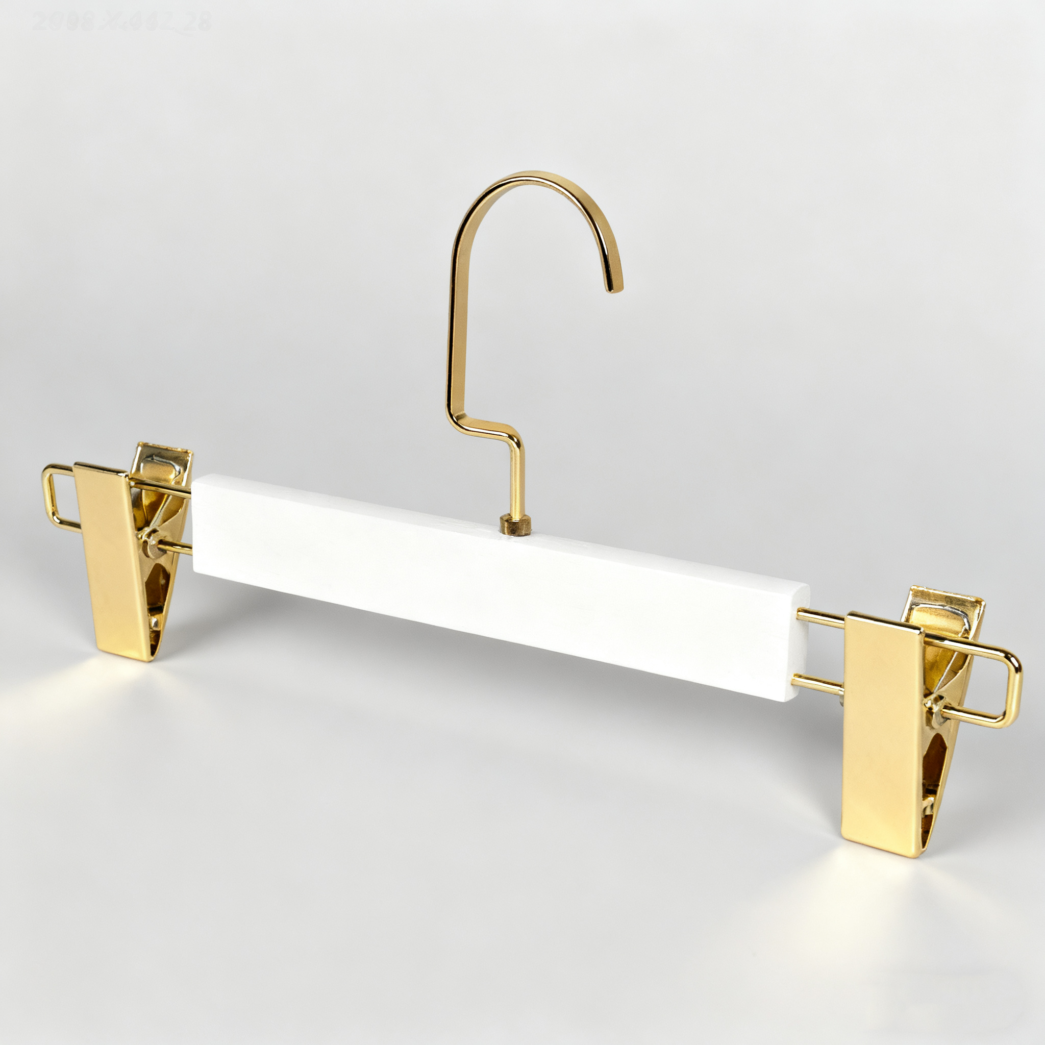 Home W703W white wooden clip hanger with gold clips and gold hook for pants and skirts