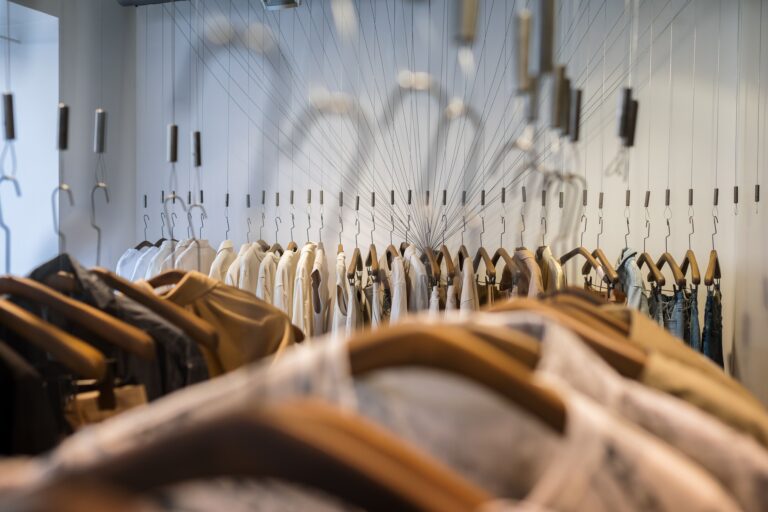 Wooden clothes hangers in a clothing store