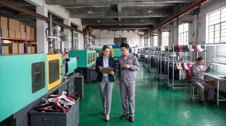 Workers in a garment hanger manufacturing factory