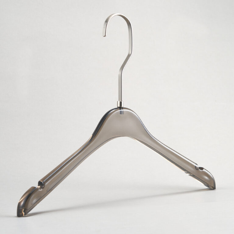 A T21 clear plastic hanger in transparent smoke gray has shoulder notches and a silver hook.
